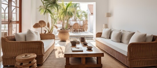 Bright Balinese style white walled apartment with wicker furniture