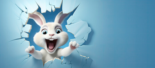 Cute Cartoon Easter Bunny Breaking though a Wall with Space for Copy