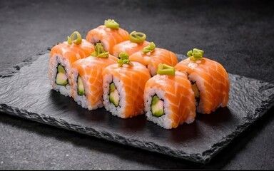 Traditional, fresh delicious sushi rolls food. Creative Sushi. Various Japanese seafood sushi