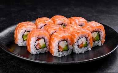 Traditional, fresh delicious sushi rolls food. Creative Sushi. Various Japanese seafood sushi