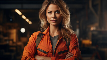 A woman in work clothes ooks at the camera