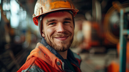 A construction worker in work clothes and a protective helmet smiles at the camera