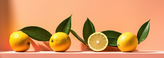 Five lemons with leaves in a row on a peach background, one sliced showing its inside, casting soft shadows.
