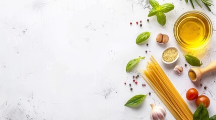 Assorted spaghetti dishes with various pastas and sauces on white background, copy space available - obrazy, fototapety, plakaty