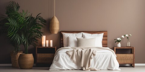 Stylish bedroom with nightstands, screen, plants, and lamp