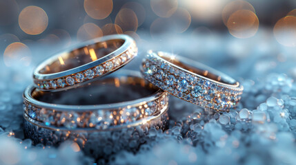 Beautiful silver background with wedding rings and stars.