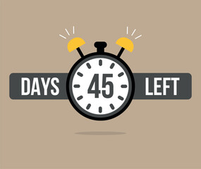 45 Days left chronometer. Clock counting days and remaining time, countdown alarm