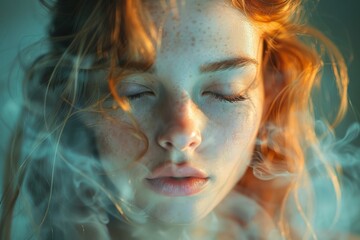 Capture the ethereal quality of a dreamy red-haired girl with closed eyes, suffused in soft light