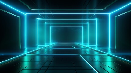 Fototapeta premium 3d render, blue green neon abstract background, ultraviolet light, night club empty room interior, tunnel or corridor, glowing panels, fashion podium, performance stage decorations