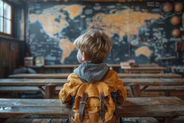 Young explorer in a classroom setting gazing upon a large world map filled with wanderlust and...