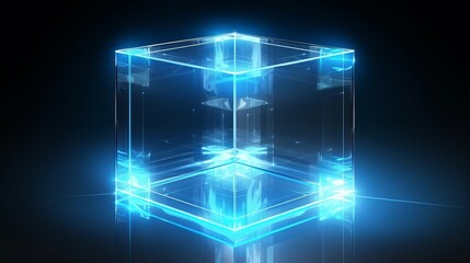 Fototapeta premium A glowing blue neon cube, representing a futuristic box or block, shines as a laser cube against a transparent background.