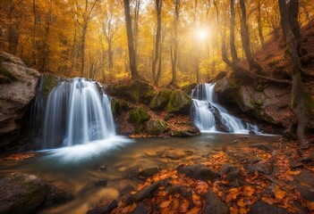 Fototapeta na wymiar Beautiful waterfall in autumn forest in crimean mountains at sun