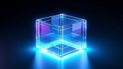 Obraz premium A glowing blue neon cube, representing a futuristic box or block, shines as a laser cube against a transparent background.