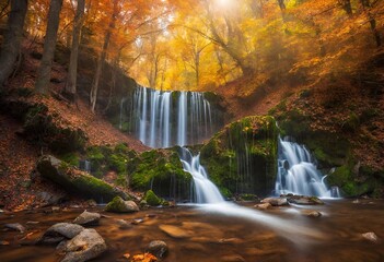 Beautiful waterfall in autumn forest in crimean mountains at sun