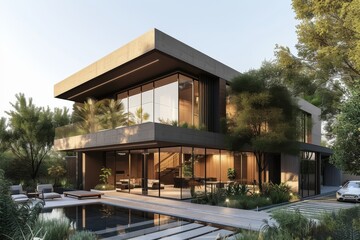 A modern exterior house against a backdrop of soft black