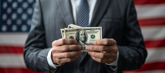 Businessman hands holding dollar bills on blurred american flag background, with copy space