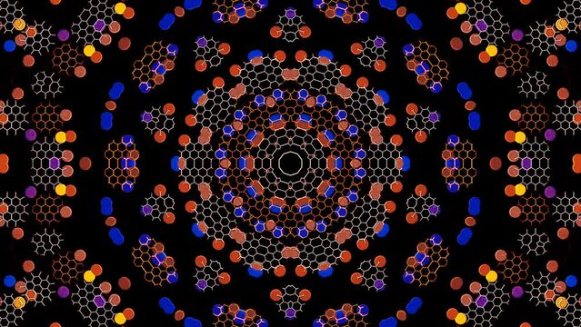 Kaleidoscope pattern with red and blue colors. Magic mandala. 4k Abstract background moving stripes and flashing with shining light dots. Animation with circles	