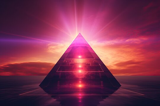 Pyramid in 80s style neon, retrowave, synthwave design. Ai Generative