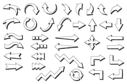 Three-dimensional arrow collection in doodle sketch style with shading effect