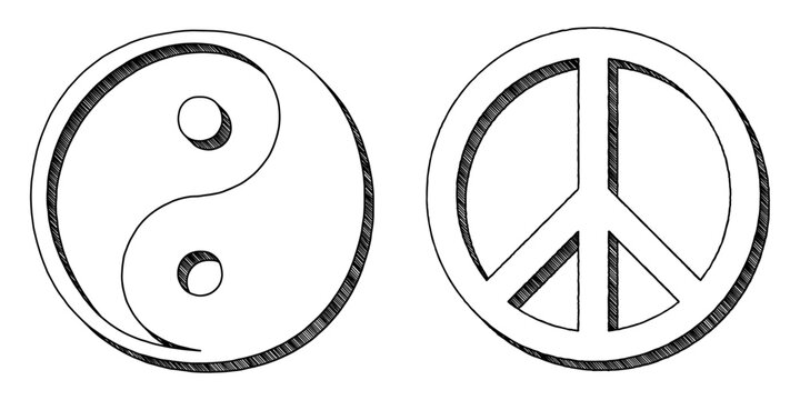 Yin yang and peace symbols in three-dimensional sketch style 