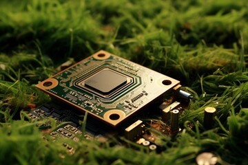 the juxtaposition of nature and technology, with a detailed focus on a plant delicately positioned atop a circuit board.