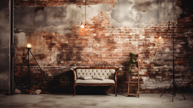 Grunge themed photo studio with brick wall and paper b