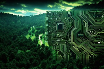the juxtaposition of nature and technology, with a detailed focus on a plant delicately positioned atop a circuit board.