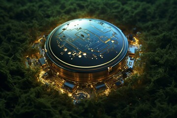 the juxtaposition of nature and technology, with a detailed focus on a plant delicately positioned atop a circuit board.