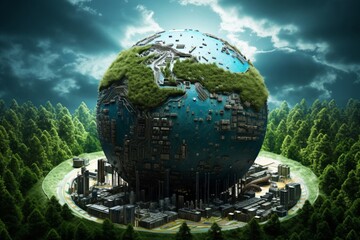 the juxtaposition of nature and technology, with a detailed focus on a plant delicately positioned atop a circuit board.