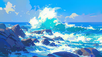 illustration of blue sea waves crashing on rocks