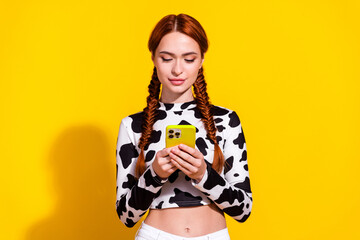 Photo of cheerful positive woman wear cow skin print top chatting instagram twitter telegram...