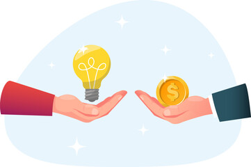 concept of exchanging an idea for money,  hand with  light bulb and  hand with money, capitalizing on ideas