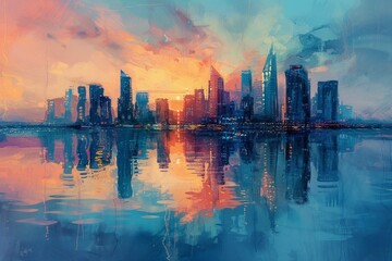 Skyline city view with reflections on water. Original oil painting on canvas, - obrazy, fototapety, plakaty