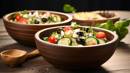 Healthy Greek salad bowls with cheese olives cucumber