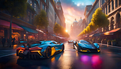 futuristic racing cars are preparing to race on the streets of a neon city, Abstract wallpaper for...