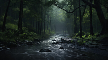 Heavy rain in the forest can lead to flooding - obrazy, fototapety, plakaty