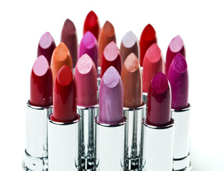 Lipstick, makeup and product in studio for variety, beauty and luxury cosmetics on white...