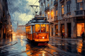 Fototapeta premium Tram in old city, oil paintings landscape