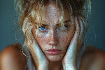 High-resolution portrait of a blonde woman holding her face, showing off her freckles and alluring blue eyes