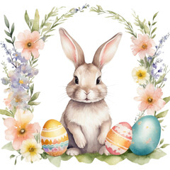 colorful watercolor easter bunny and easter eggs with flowers  on isolated transparent background png, generated with AI