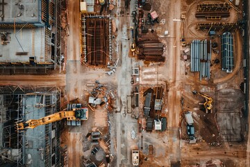 A drone captures the vast construction site with machinery, workers, and materials preparing the area for building. Generative AI