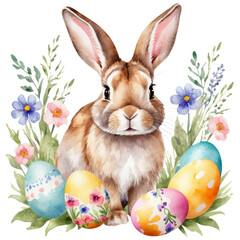 colorful watercolor easter bunny and easter eggs with flowers  on isolated transparent background png, generated with AI