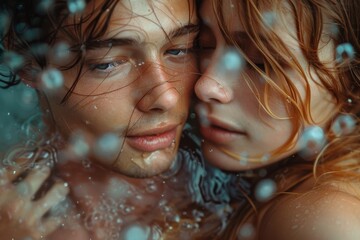 A couple sharing a tender underwater embrace, enhancing the feeling of an intimate, surreal connection