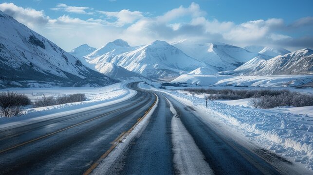 A snowy mountain road with a long stretch of road in between two mountains