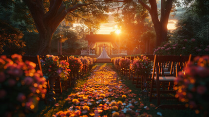 Beautiful Wedding ceremony event in garden at sunset.