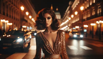  a woman standing on a city street at night the scene illuminated  soft ambient glow of streetlights gold dress confident internet professional e business feminine road mobile successful photography  © Raven