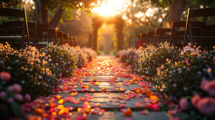 Obraz premium Beautiful Wedding ceremony event in garden at sunset.