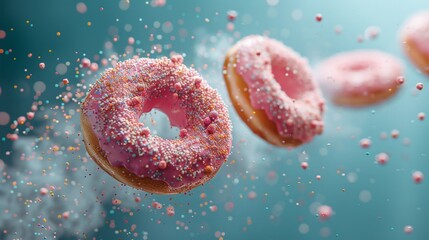 Flying Sprinkle Donuts Delightful Pink Frosted Donut Floating in the Air with Sprinkles, Tempting Dessert Concept