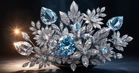 A stunning arrangement of crystal flowers and leaves, brightly lit to highlight their intricate details and brilliant facets. The dark background emphasizes the radiant glow of the crystals. - obrazy, fototapety, plakaty