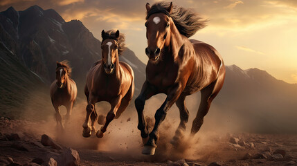 Horses in a scenic background, showcasing their strength, elegance, and the spirit of freedom Ai Generative